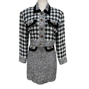 Vintage Nina K Elegant Black and White Plaid Tweed Blazer and Skirt Suit